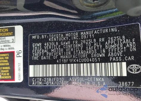 2012 Toyota Camry Le z USA, uszkodzony, nr VIN 4T1BF1FK4CU004051